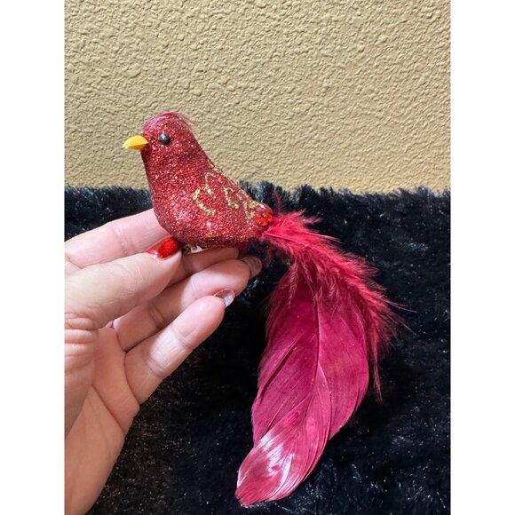Vintage Red Glitter Bird Ornament Clip-On With Feathers & Decorative Detailing - Picture 1 of 7